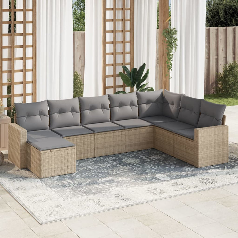 8-delige Loungeset met kussens poly rattan beige