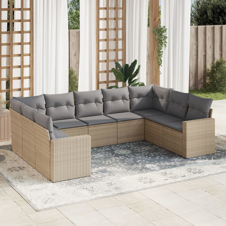 9-delige Loungeset met kussens poly rattan beige