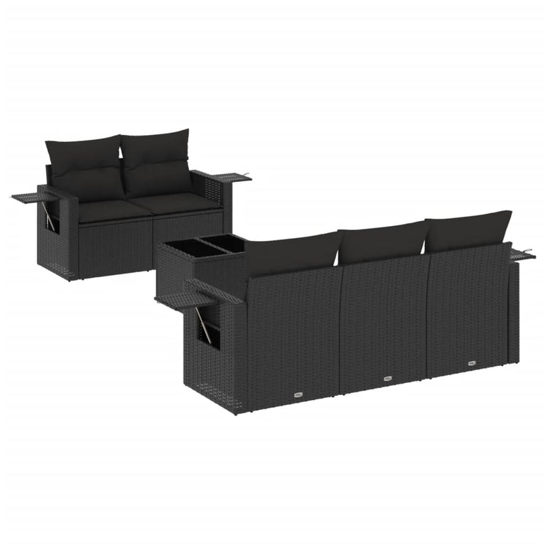 6-delige Loungeset met kussens poly rattan zwart