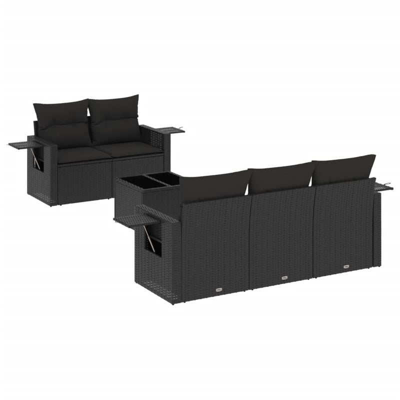 6-delige Loungeset met kussens poly rattan zwart