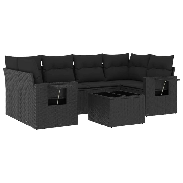 7-delige Loungeset met kussens poly rattan zwart