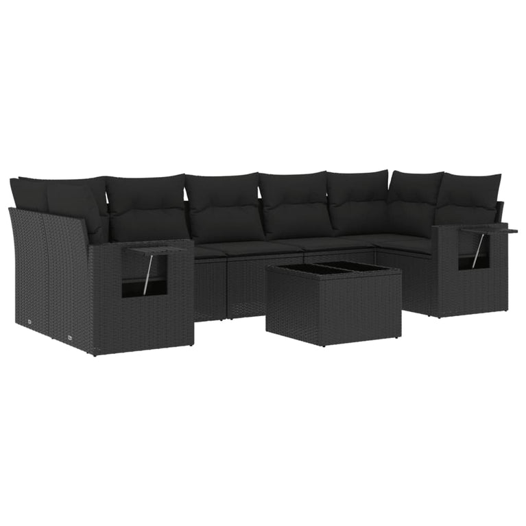 8-delige Loungeset met kussens poly rattan zwart