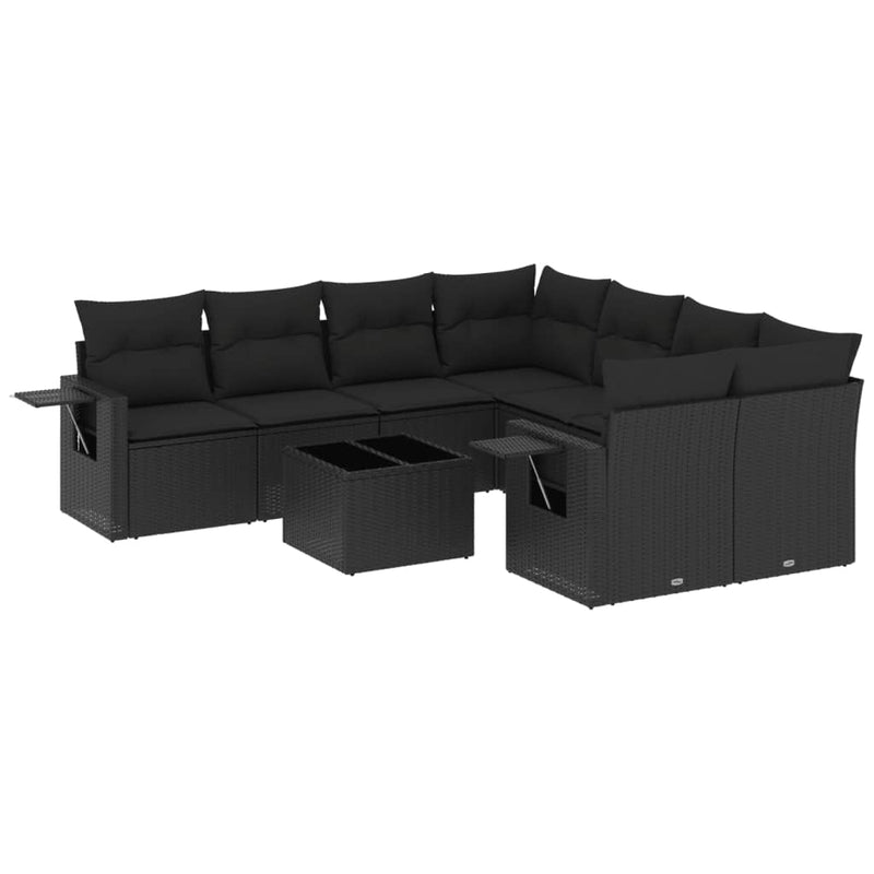 9-delige Loungeset met kussens poly rattan zwart