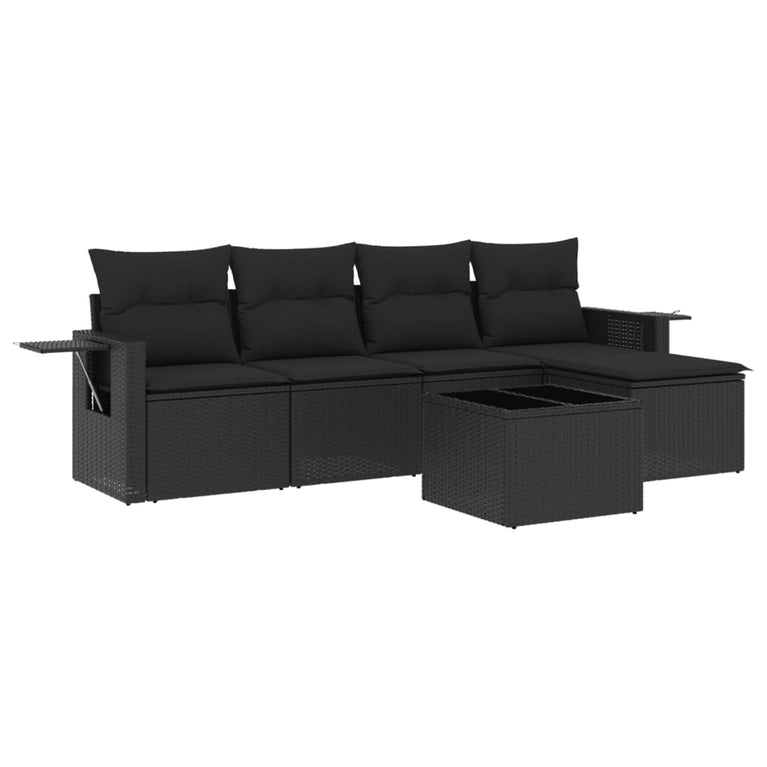 6-delige Loungeset met kussens poly rattan zwart