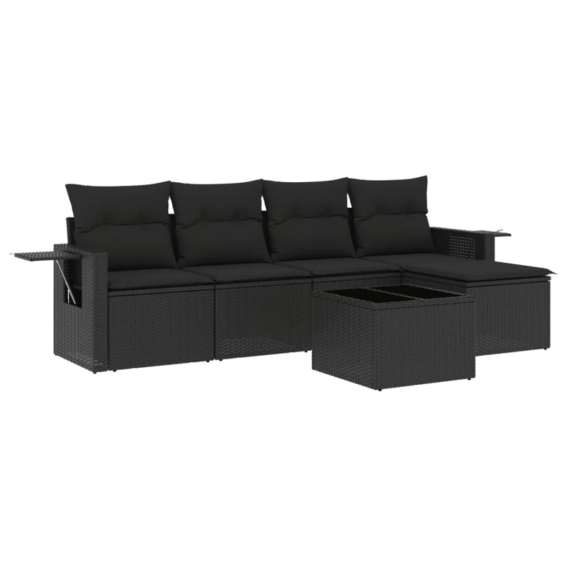 6-delige Loungeset met kussens poly rattan zwart