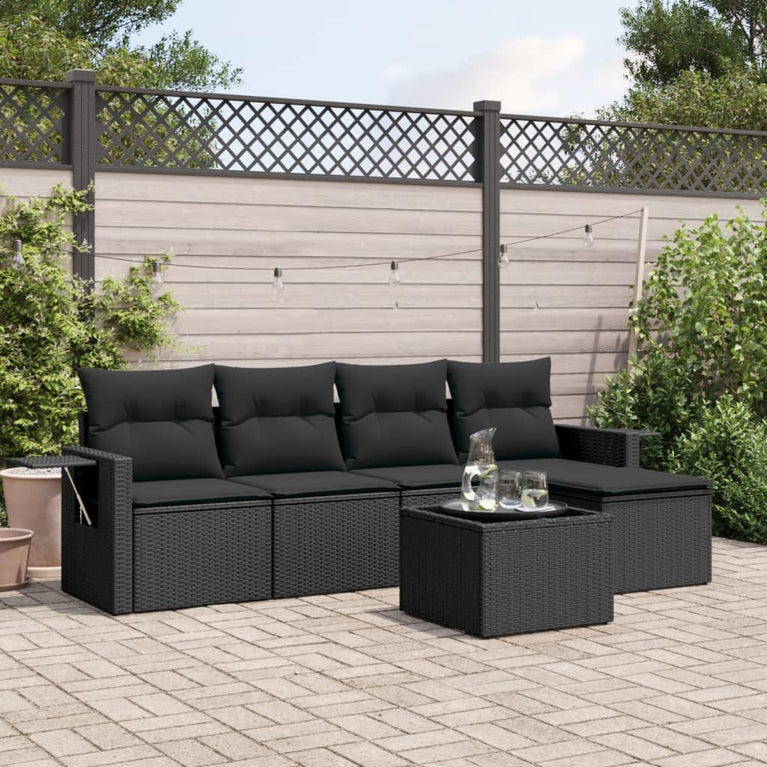 6-delige Loungeset met kussens poly rattan zwart