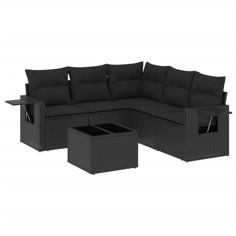 6-delige Loungeset met kussens poly rattan zwart