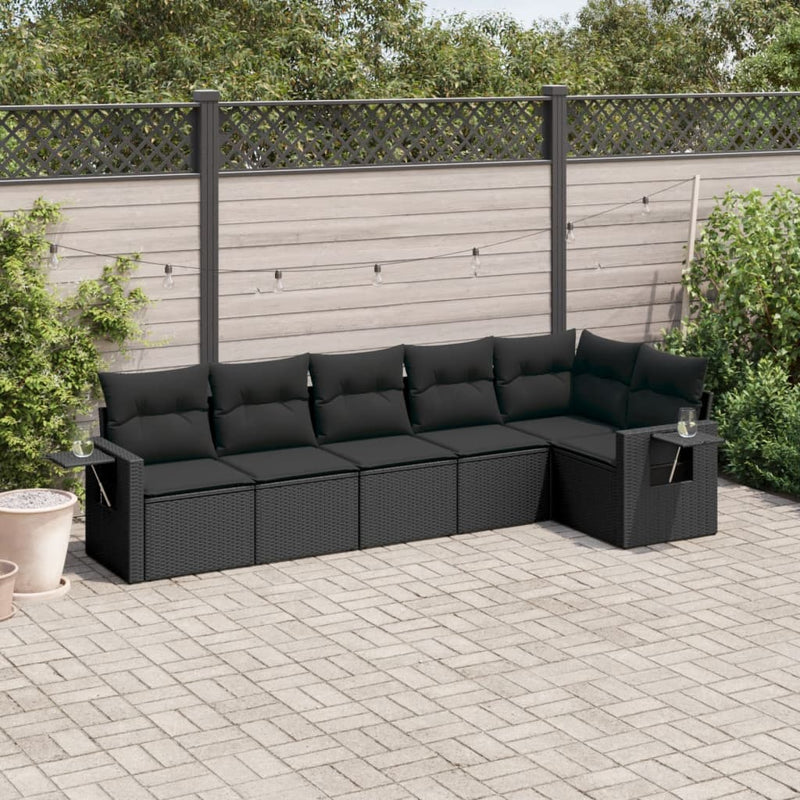6-delige Loungeset met kussens poly rattan zwart