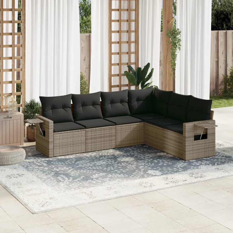 6-delige Loungeset met kussens poly rattan grijs