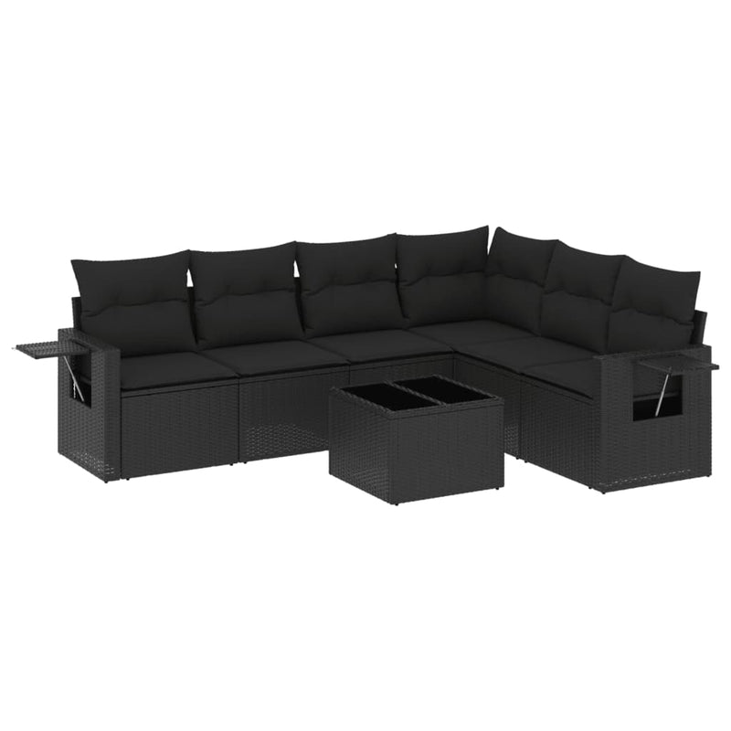 7-delige Loungeset met kussens poly rattan zwart