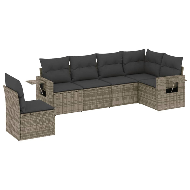 6-delige Loungeset met kussens poly rattan grijs