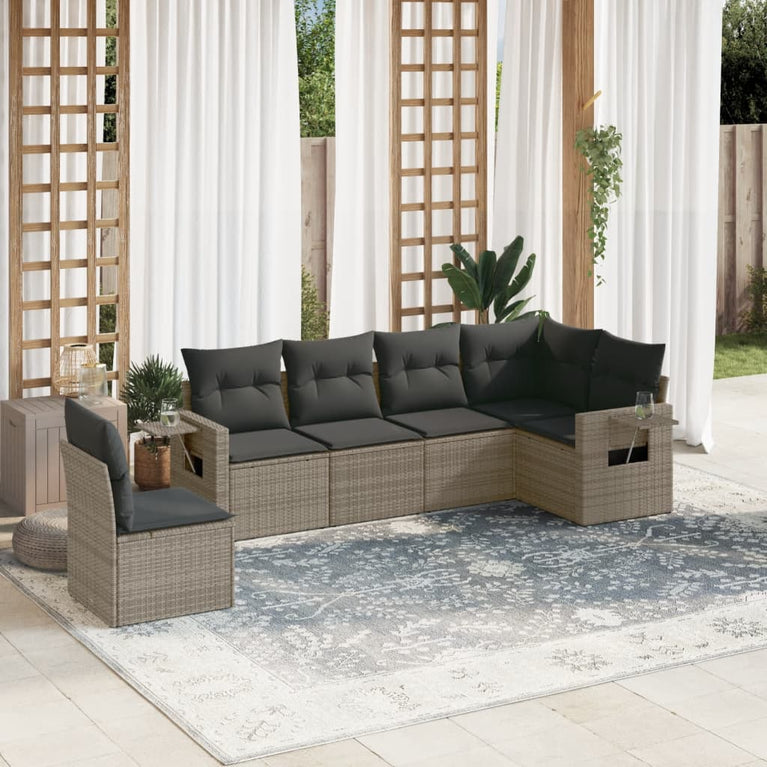 6-delige Loungeset met kussens poly rattan grijs