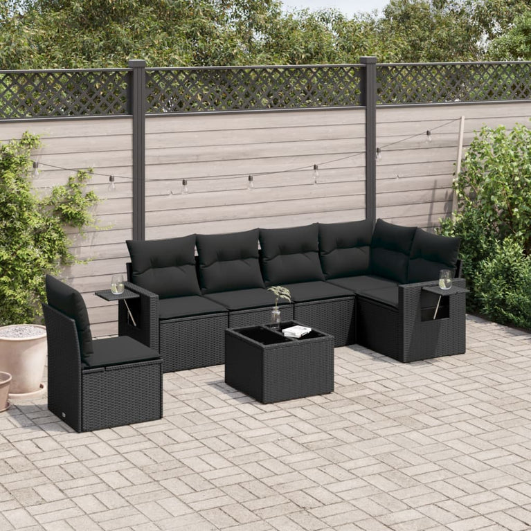 7-delige Loungeset met kussens poly rattan zwart