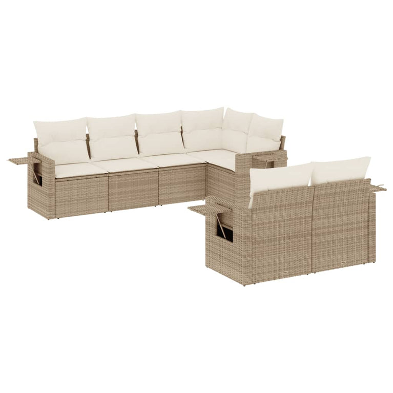 7-delige Loungeset met kussens poly rattan beige