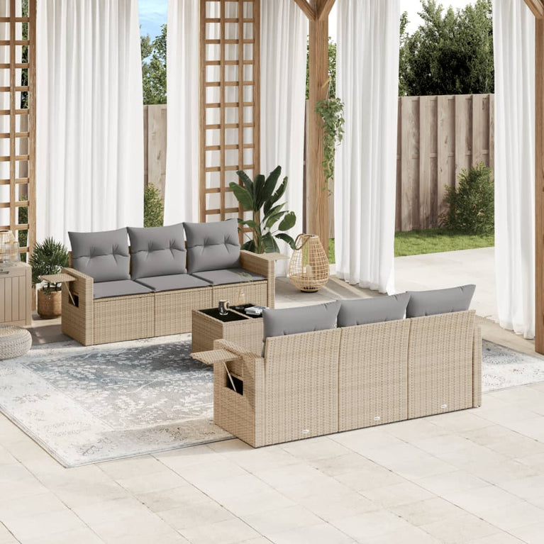 7-delige Loungeset met kussens poly rattan beige