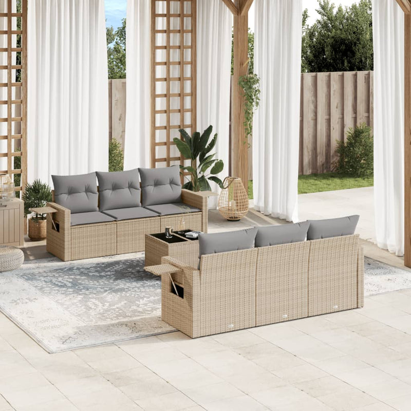 7-delige Loungeset met kussens poly rattan beige