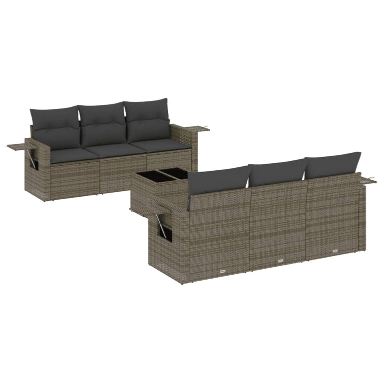 7-delige Loungeset met kussens poly rattan grijs