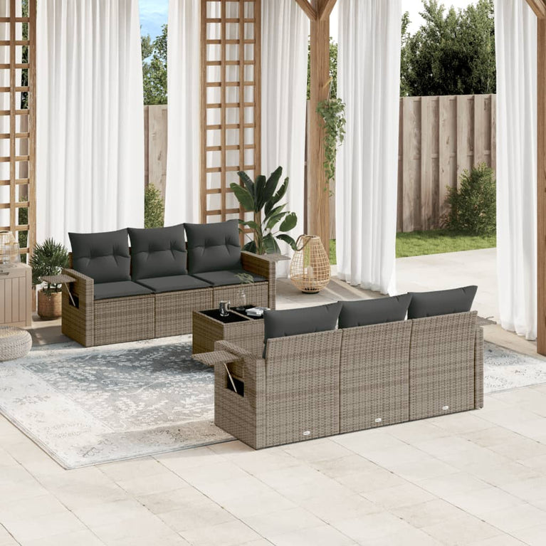 7-delige Loungeset met kussens poly rattan grijs