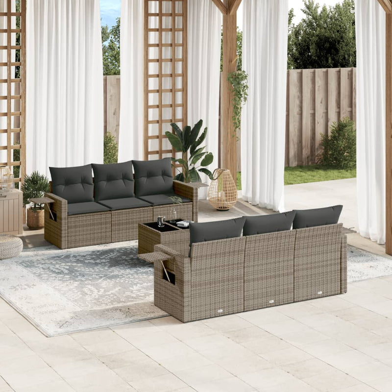 7-delige Loungeset met kussens poly rattan grijs