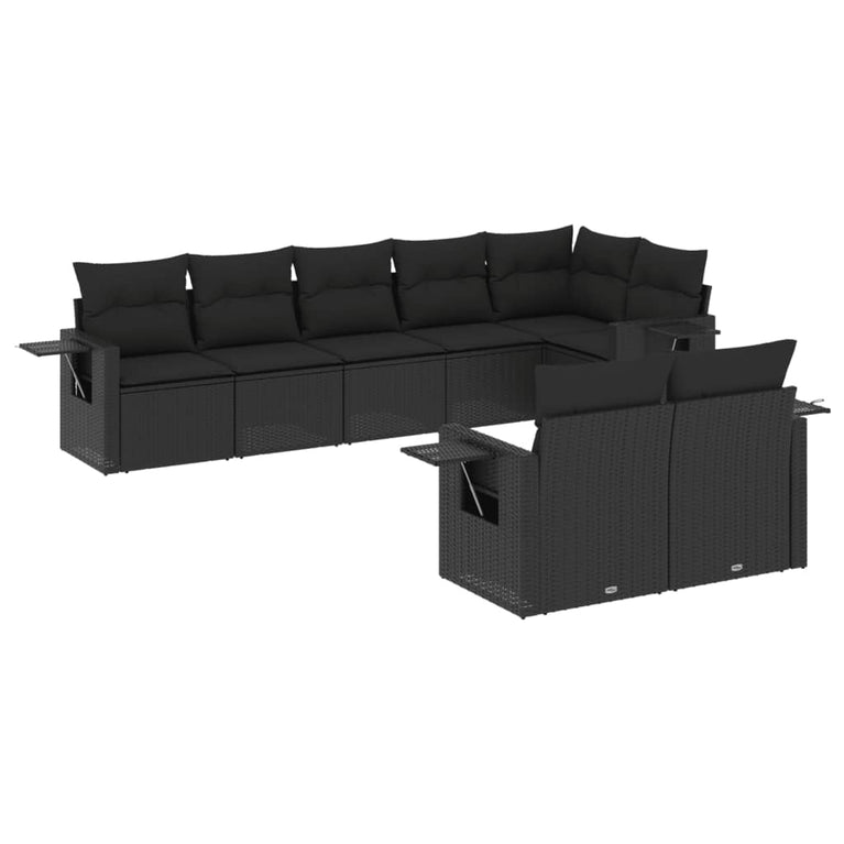 8-delige Loungeset met kussens poly rattan zwart