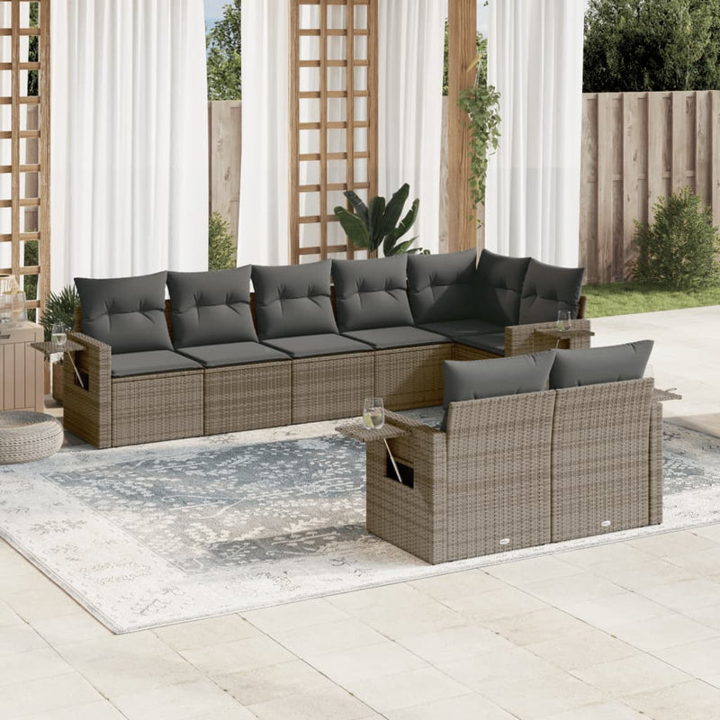 8-delige Loungeset met kussens poly rattan grijs
