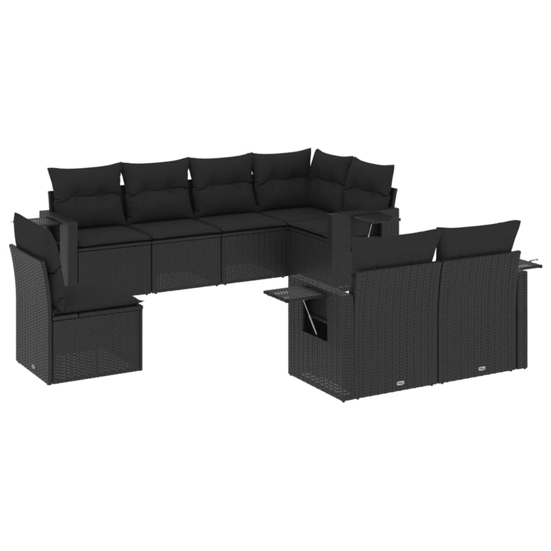 8-delige Loungeset met kussens poly rattan zwart