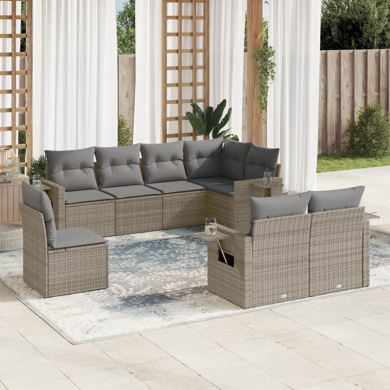 8-delige Loungeset met kussens poly rattan grijs
