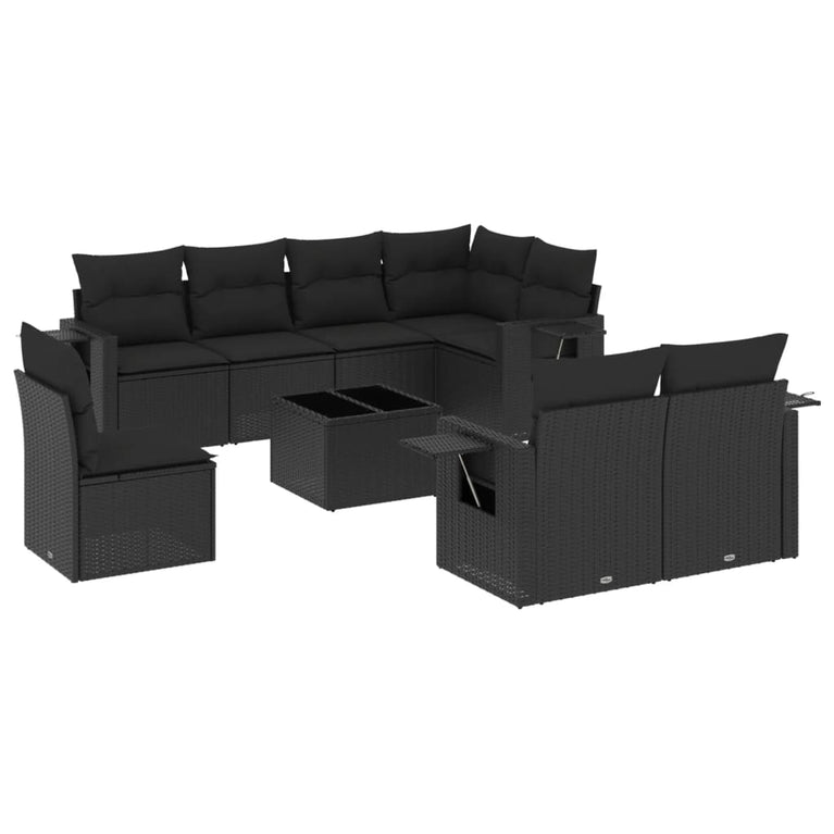 9-delige Loungeset met kussens poly rattan zwart