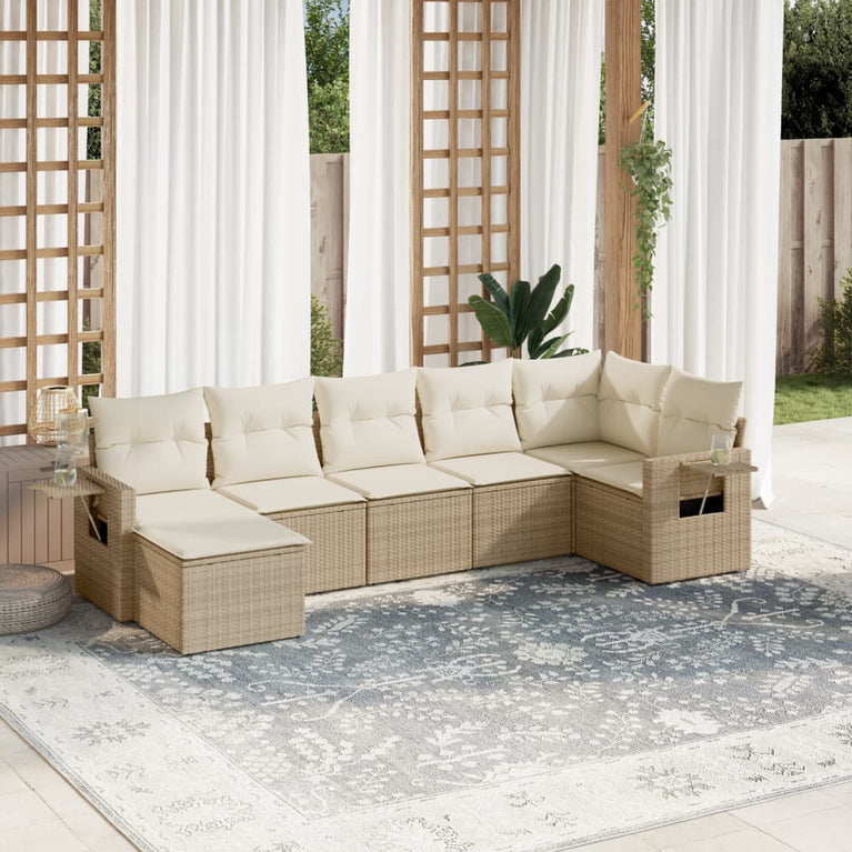 7-delige Loungeset met kussens poly rattan beige