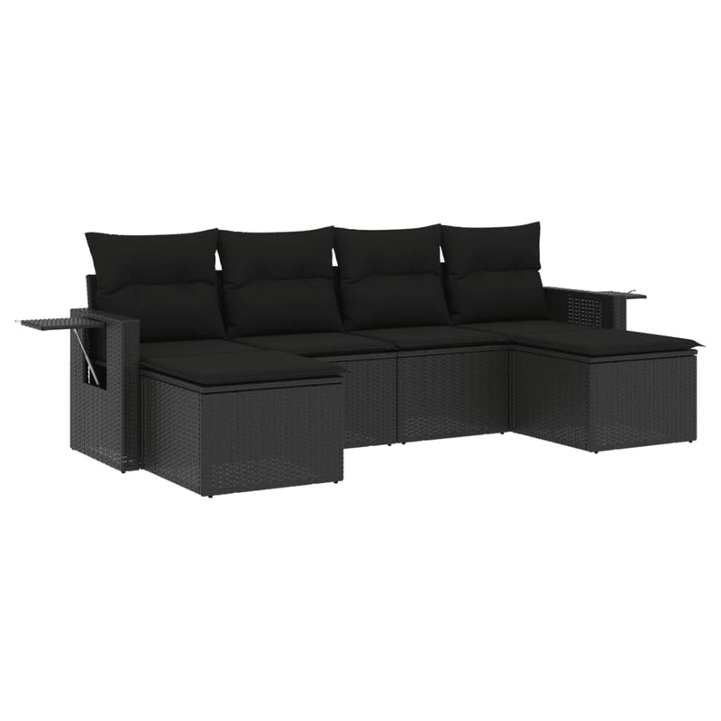 6-delige Loungeset met kussens poly rattan zwart
