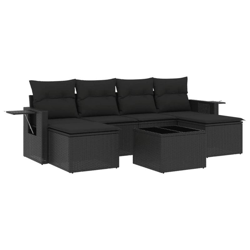 7-delige Loungeset met kussens poly rattan zwart