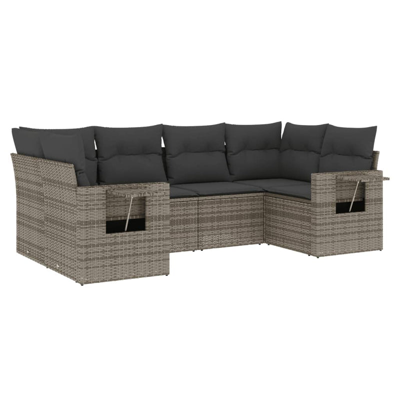 6-delige Loungeset met kussens poly rattan grijs