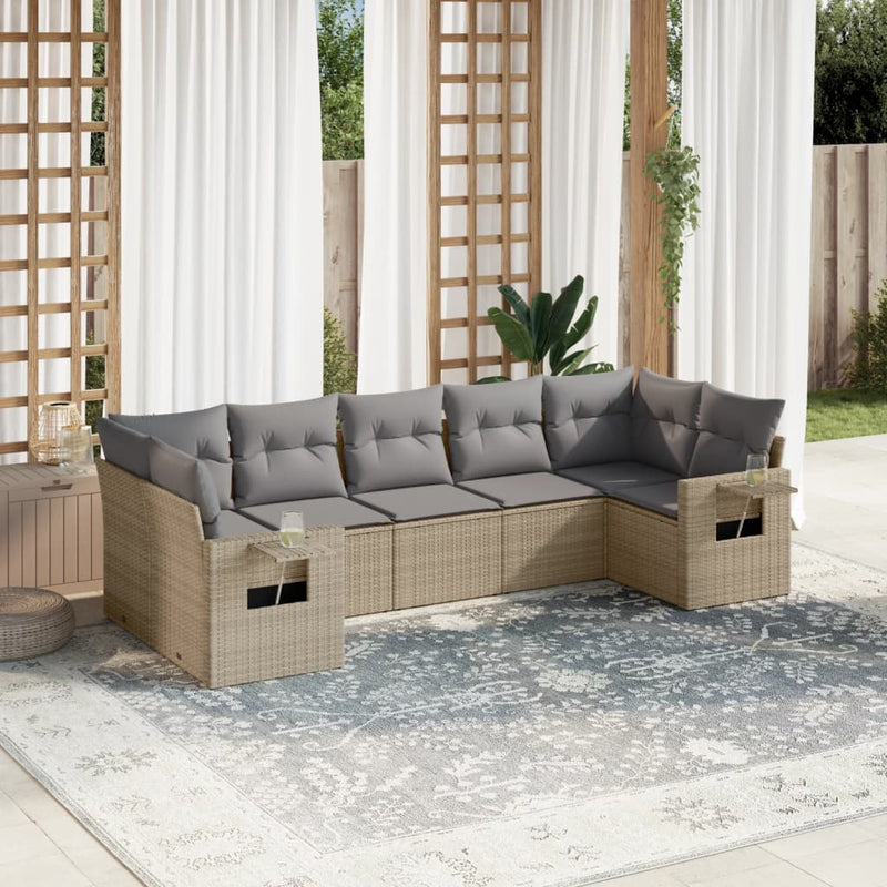 7-delige Loungeset met kussens poly rattan beige