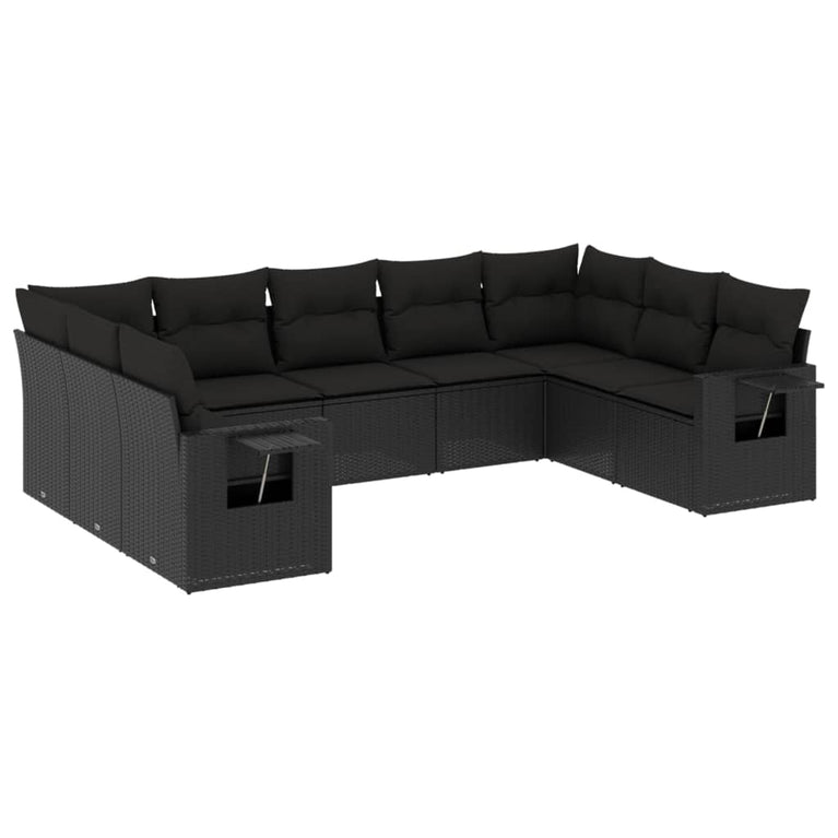 9-delige Loungeset met kussens poly rattan zwart