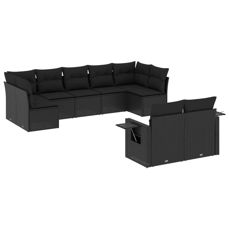 9-delige Loungeset met kussens poly rattan zwart