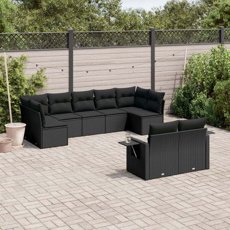 9-delige Loungeset met kussens poly rattan zwart