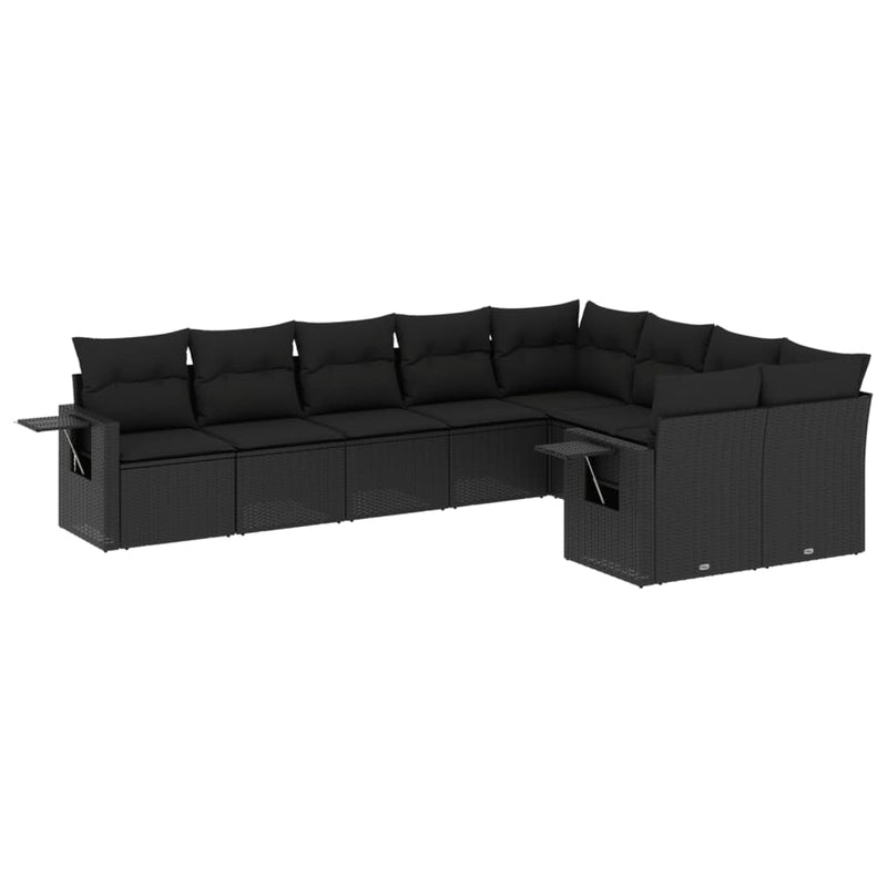 9-delige Loungeset met kussens poly rattan zwart
