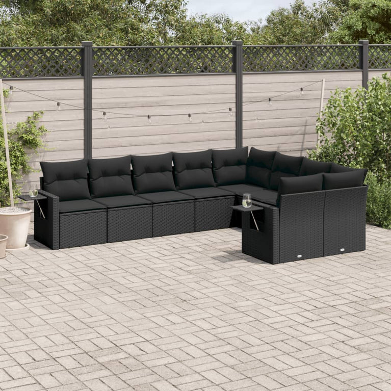 9-delige Loungeset met kussens poly rattan zwart