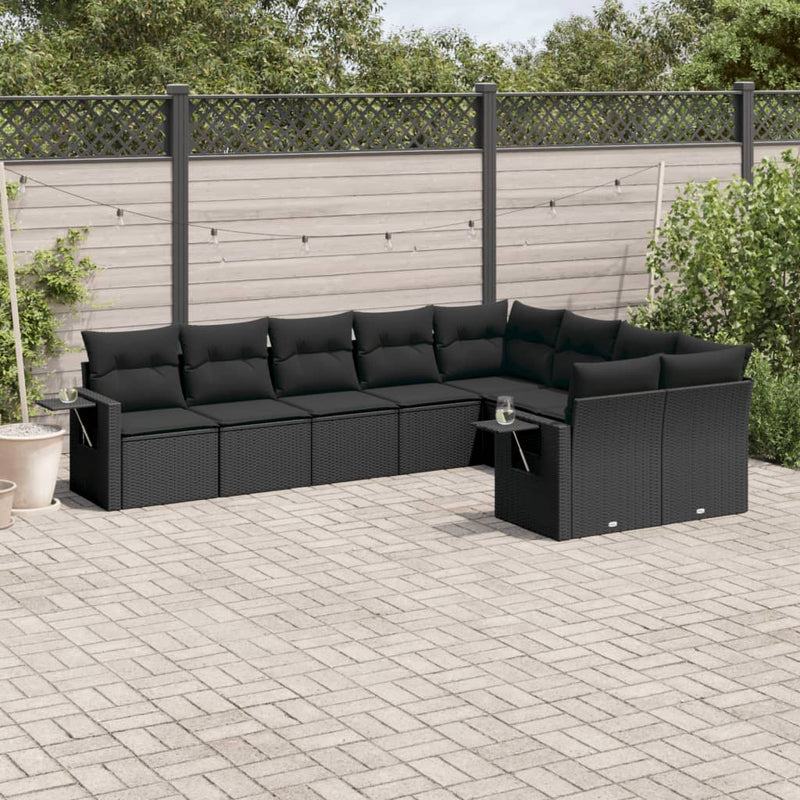 9-delige Loungeset met kussens poly rattan zwart