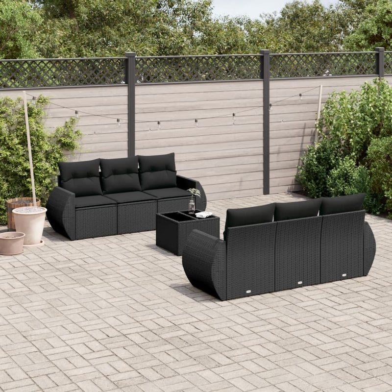 7-delige Loungeset met kussens poly rattan zwart
