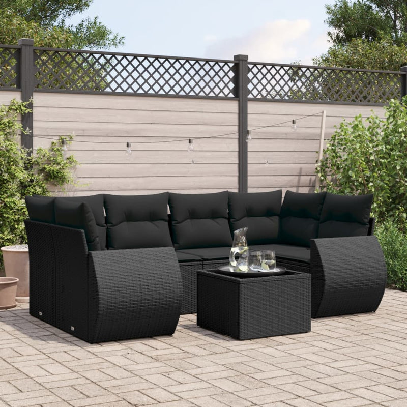 7-delige Loungeset met kussens poly rattan zwart