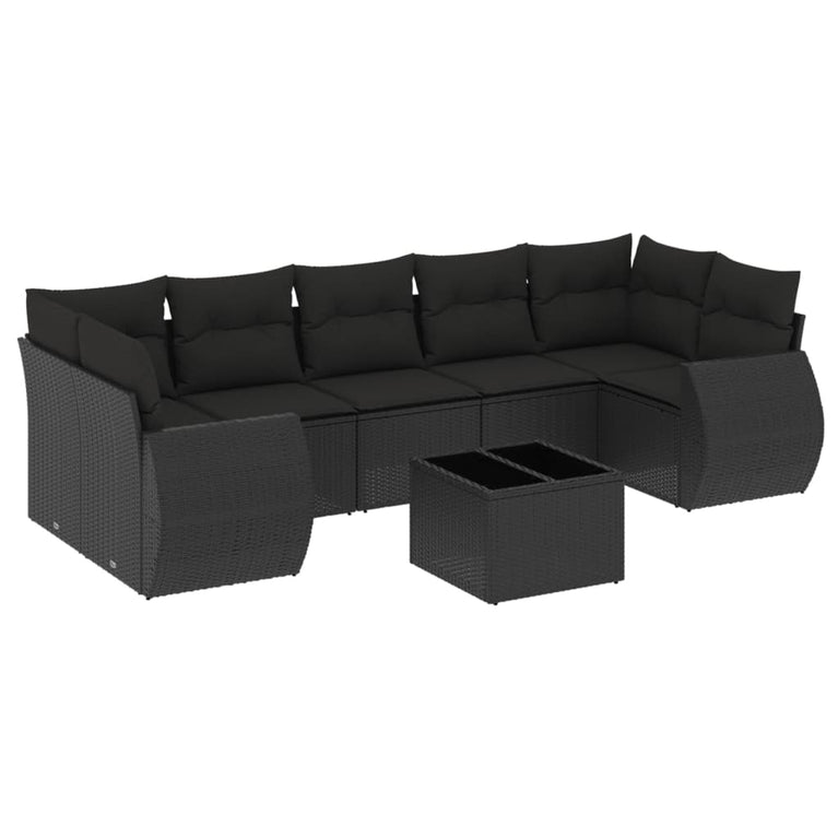 8-delige Loungeset met kussens poly rattan zwart