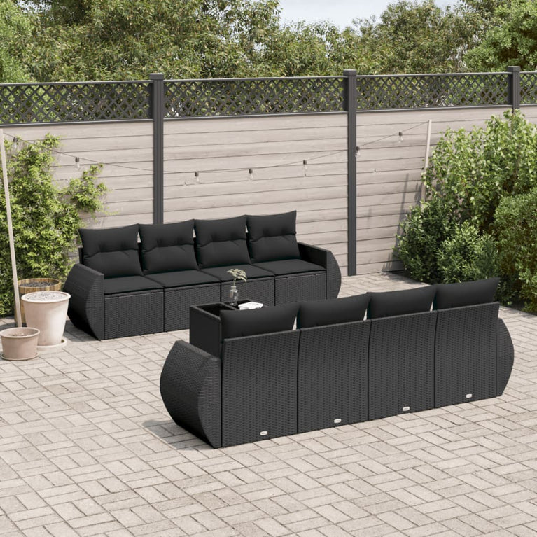 9-delige Loungeset met kussens poly rattan zwart
