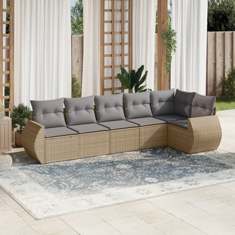 6-delige Loungeset met kussens poly rattan beige