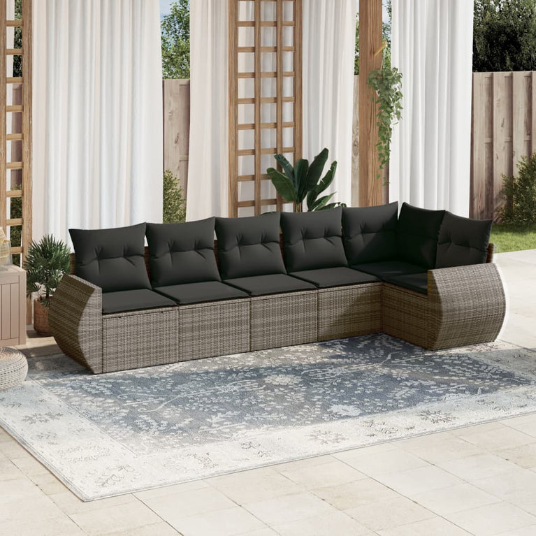 6-delige Loungeset met kussens poly rattan grijs