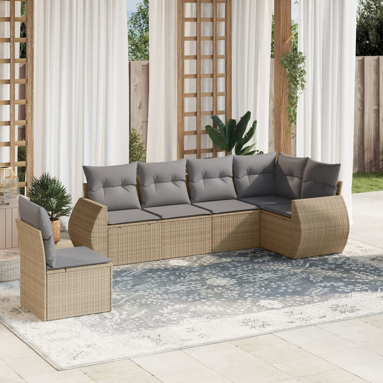 6-delige Loungeset met kussens poly rattan beige