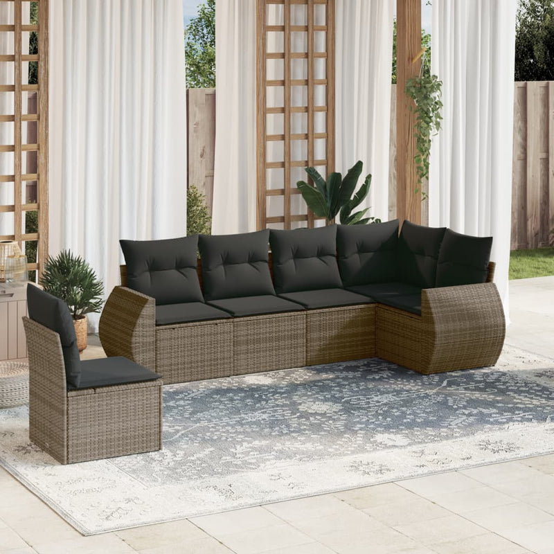 6-delige Loungeset met kussens poly rattan grijs