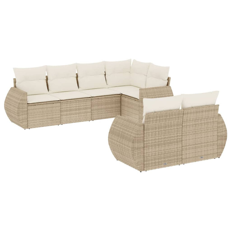 7-delige Loungeset met kussens poly rattan beige