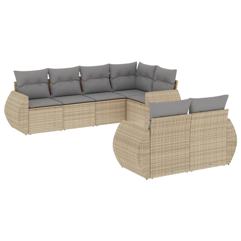 7-delige Loungeset met kussens poly rattan beige