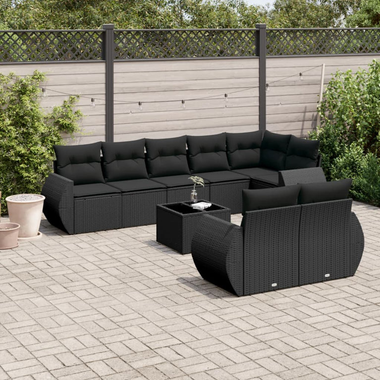 9-delige Loungeset met kussens poly rattan zwart